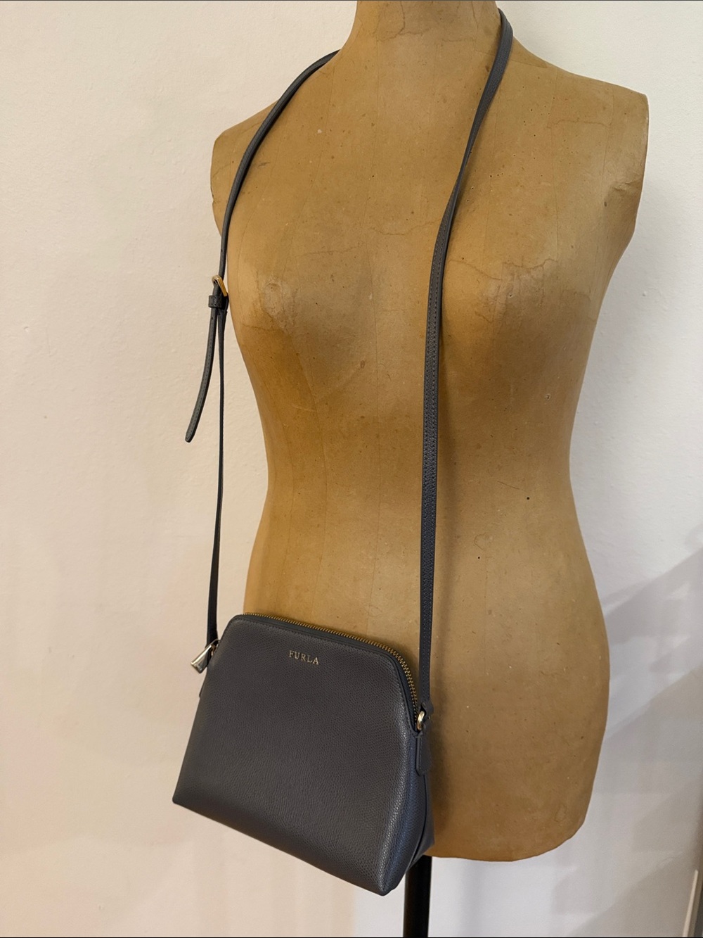 Furla small cGray Pebbled Leather Crossbody Bag prefect exterior condition